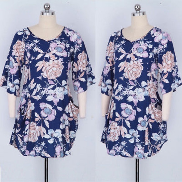 Blue Pastel Floral Dress With 3/4 Sleeves Pockets - Picture 4 of 7